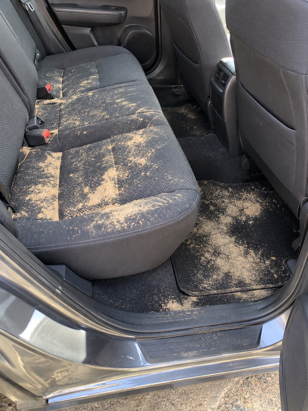 Pale beach sand scattered across a vehicle backseat and rear floor