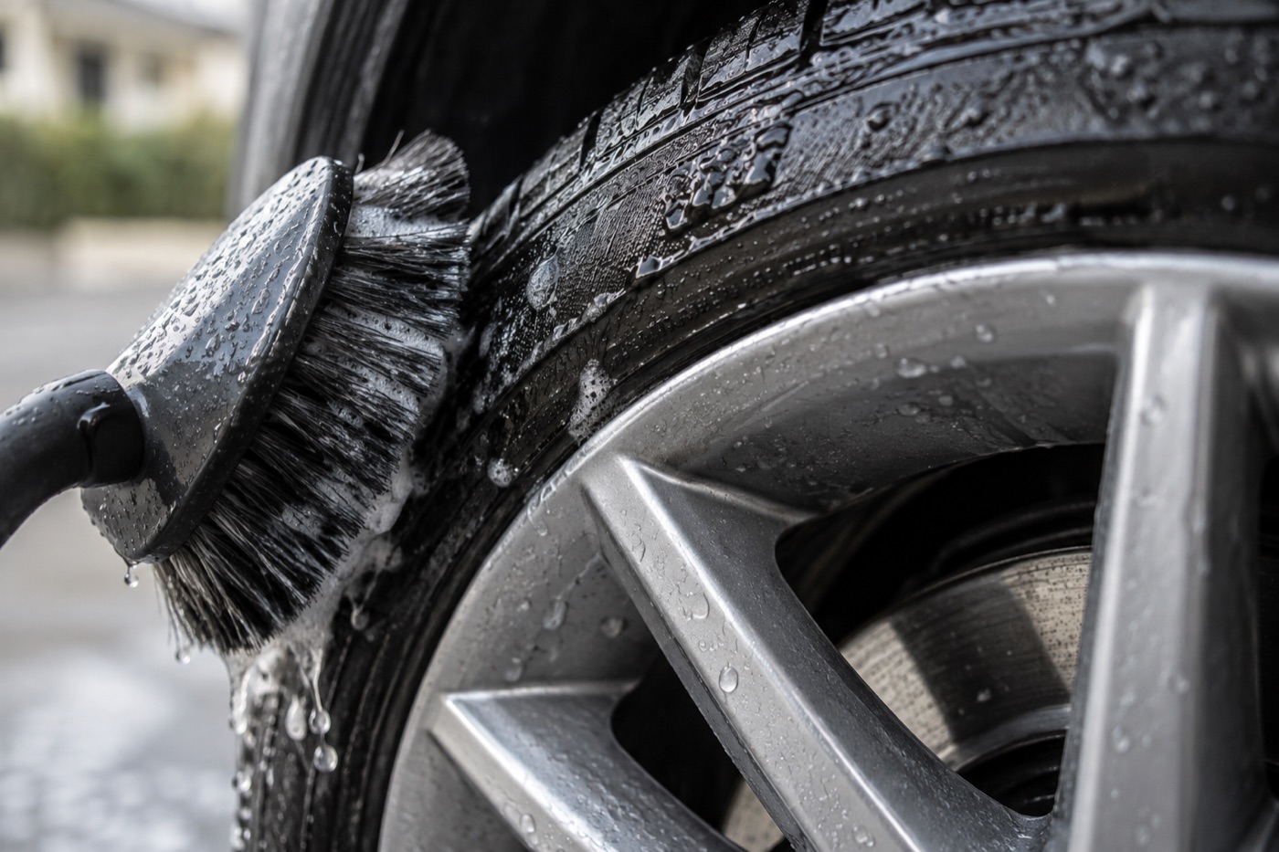 A vehicle tire being carefully brushed clean