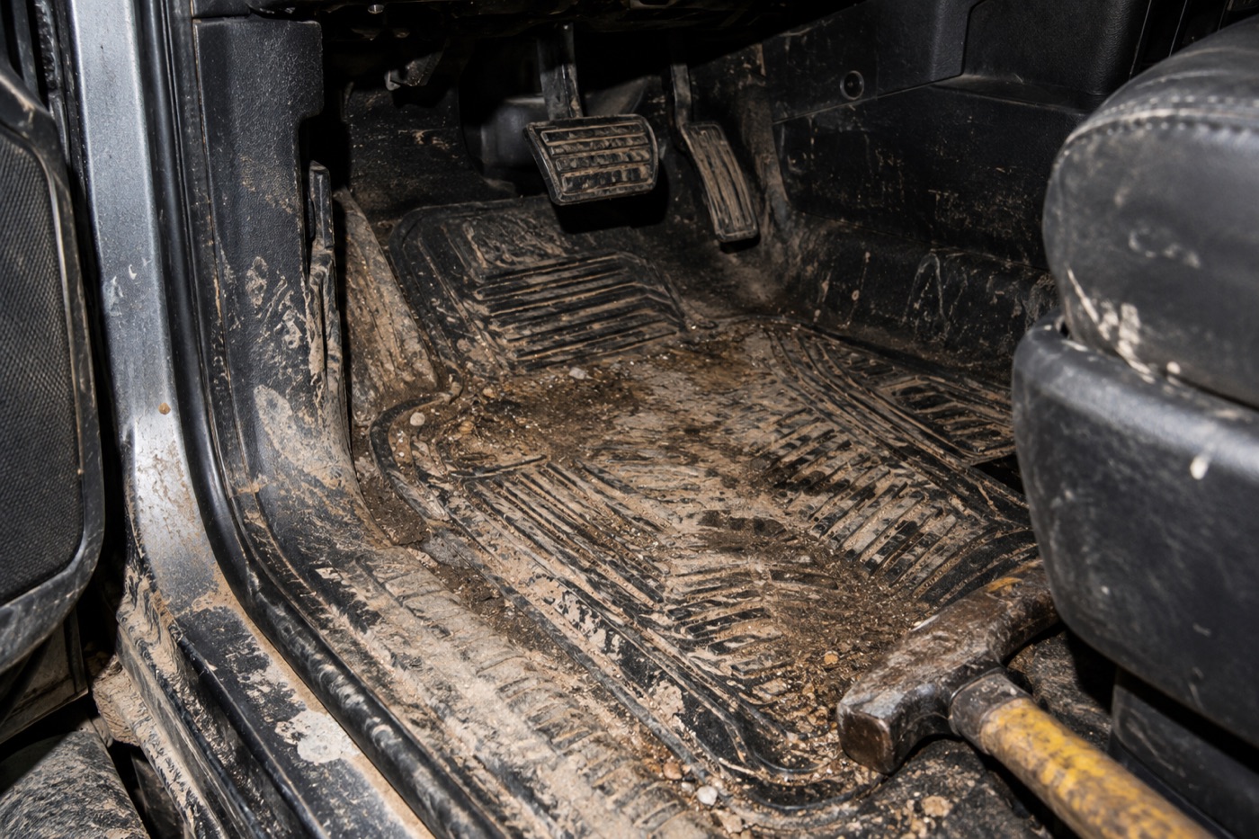 A muddy contractor pickup truck footwell